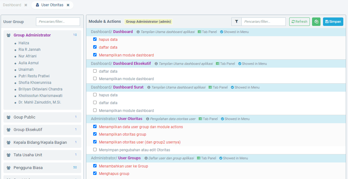E-Office Lazismu — User Authorization screen for setting module and action permissions per group